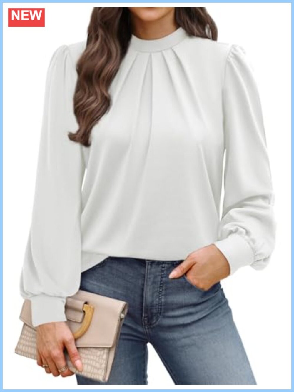 WIHOLL Women's Mock Neck Pleated Front Long Sleeve Blouse